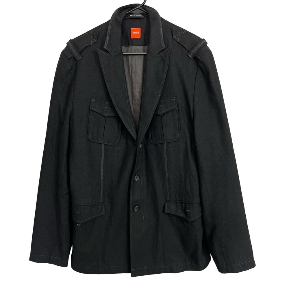 42R Hugo Boss Orange Men’s Jacket Black Wool Blend Military Hunting Pockets NICE
